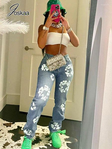 Jeans Femme Joskaa Fleur Imprimer Bleu Pour Femmes Vêtements Automne 2024 Casual Taille Haute Droite Denim Pantalon Femme Bas Streetwear