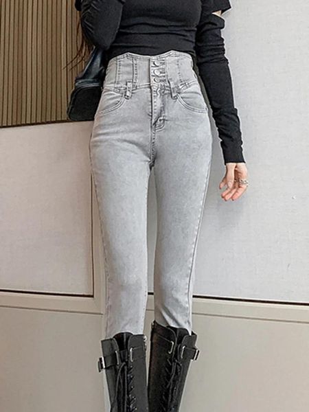 Jeans para mujer JRJL Gris Talle alto para mujeres 2024 Moda Vintage Clásico Botones flacos Pantalones largos rectos