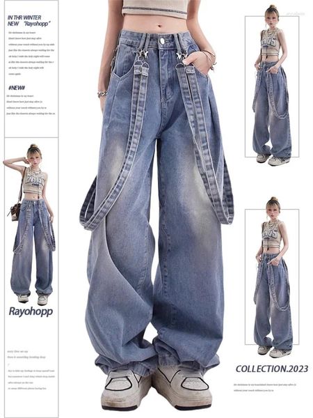 Jeans para mujer JRJL Azul suelto para mujeres 2024 Moda Tirantes vintage Talle alto Casual Recto Longitud completa Pierna ancha