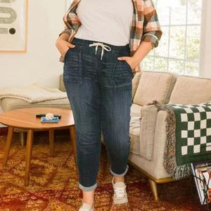 Jeans pour femmes Judy Blue Payton Pull On Denim Joggers Ajusté Carmen Double Manchette Lâche Taille Élastique Polyvalent Casual Harem Pantalon Droit