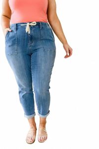 Damesjeans Judy Blue Payton Pull On Denim Joggers gemonteerd Carmen dubbele manchet losse elastische taille veelzijdige casual harem rechte been broek H2TK#