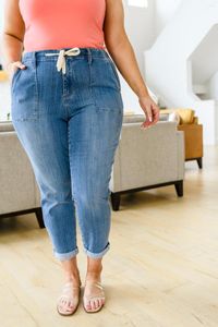 Jeans pour femme Judy Blue Payton Pull sur Denim Joggers Fitted Carmen Double Cuff Loose Taille élastique Polyvalent Casual Harem Pantalon droit