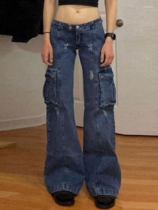 Jeans femme Kalevest Y2K Streetwear Baggy bleu Acubi mode femmes Cargo pantalon Denim taille basse Rave tenues poches pantalons