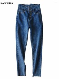 Jeans pour femmes kannisak hauteur hauteur femme décontractée pantalon de crayon mince mince pantalon skinny pantalon complet 2024 bouton denim pantalon
