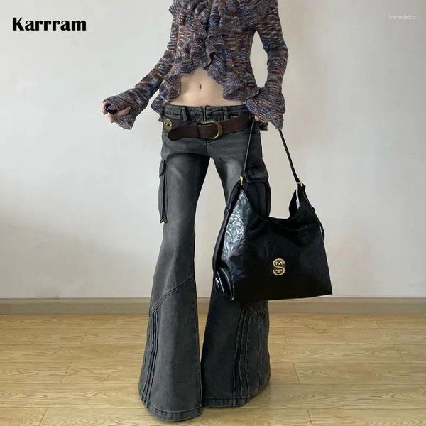 Jeans para mujer Karrram Japonés Y2k Low Rise Flare Vintage Lavado Negro Baggy Coreano Grunge Cargo Pantalones 2000s Pierna ancha Denim