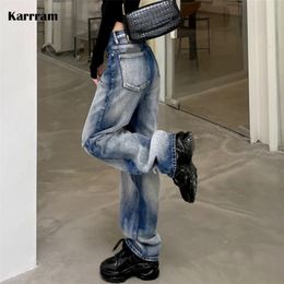 Jeans pour femmes Karrram coréen dégradé tie-dye bleu Jeans femmes taille haute lâche droite Jeans Vintage des années 90 Streetwear Baggy Grunge Denim pantalon 220908