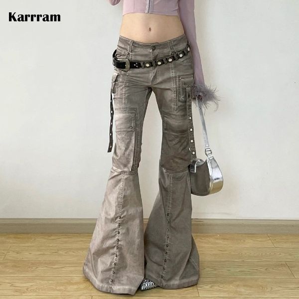 Jeans pour femmes Karrram Vintage Cargo Flare pantalon Punk Bell Bottom Cyber Y2k jambe large Grunge esthétique pantalon en détresse 231110