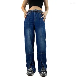 Jeans pour femmes kayotuas femmes bleu denim printemps automne couleur solide taille haute fente pantalon droit lâche dames chic streetwear simple