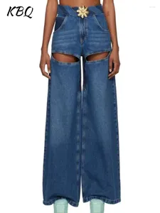 Jeans para mujeres KBQ Chic Patchwork Floral Hollow Out for Women Bolsillo de cintura alta en su bolsillo suelto Pantalones de mezclilla heterosexuales