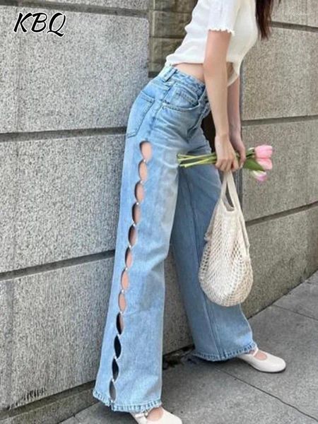 Jeans pour femmes KBQ évider des perles épissées droites pour femmes taille haute patchwork poche décontractée lâche jambe large denim pantalon femme
