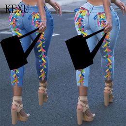 Jeans para mujer KEXU Mujeres Color del arco iris Criss-Cross Lace Up Hole Funda Elástica Cintura alta Lápiz largo Pantalones de mezclilla Pantalones de calle