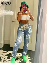 Damesjeans kliou katoen esthetische bloemenprint jean casual hoge taille allemaal match mager denim streetwear pant vrouwelijke hipster kleding 230821