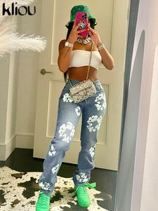 Jeans pour femmes Kliou coton esthétique fleur imprimé jean décontracté taille haute tout match maigre denim streetwear pantalon femme hipster vêtements 230817