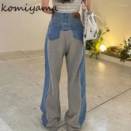 Jeans pour femmes Komiyama Contraste Couleur Épissé Trou Taille Haute Jambe Large Pantalones Mujer Pantalon En Denim Droit Automne Vêtements Pour Femmes