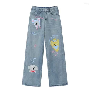Jeans pour femmes coréen mignon chiot dessin animé bleu pour filles vintage baggy taille haute denim pantalon harajuku y2k pantalons femmes vêtements 2024
