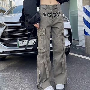 Jeans pour femmes coréen Dongdaemun 2024 Y2k avec ceinture vintage gothique cargo pantalon streetwear lettre conception hip hop jambe large droite