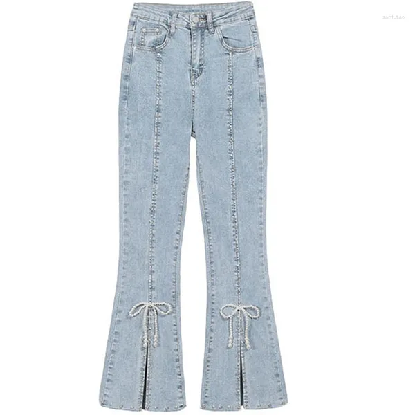 Jeans pour femmes coréen élégant mignon perle bowknot mince printemps automne fendu botte coupe denim pantalon filles doux chic pantalon bleu clair 2024