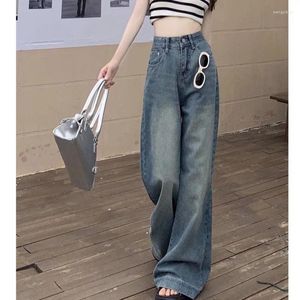 Jeans pour femmes Mode coréenne en détresse Casual 2023 Été Taille haute Bouton Droite Pleine longueur Pantalon large Lâche Vintage Y2K