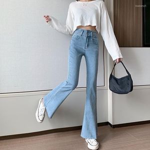 Damesjeans Koreaanse mode Jean Elegant Bottom Pants Vintage Burrs Hoge taille flarden voor vrouwen twee knoppen denim broek vrouwelijk 2023
