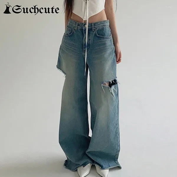 Jeans pour femmes streetwear de mode coréen découpe les femmes pantalons solides de pantalon solide en denim de taille basse