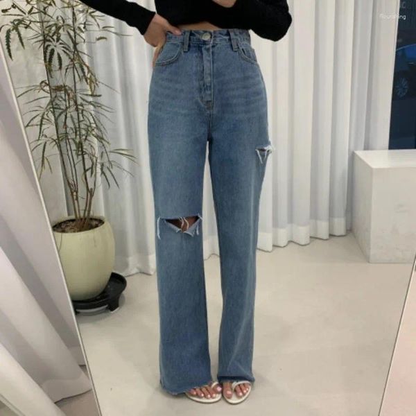 Jeans pour femmes Style de mode coréenne Taille haute Slim asymétrique Tear Ragged Edge Tube droit Plancher Dragging Denim Pantalon pour femmes 2024