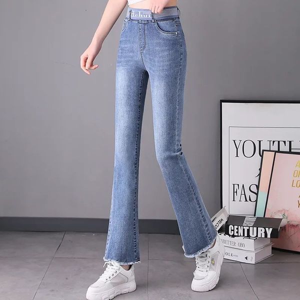 Jeans pour femmes Mode coréenne femme taille haute jean printemps été vêtements bande élastique poches mince Denim solide décontracté Flare pantalon 230424