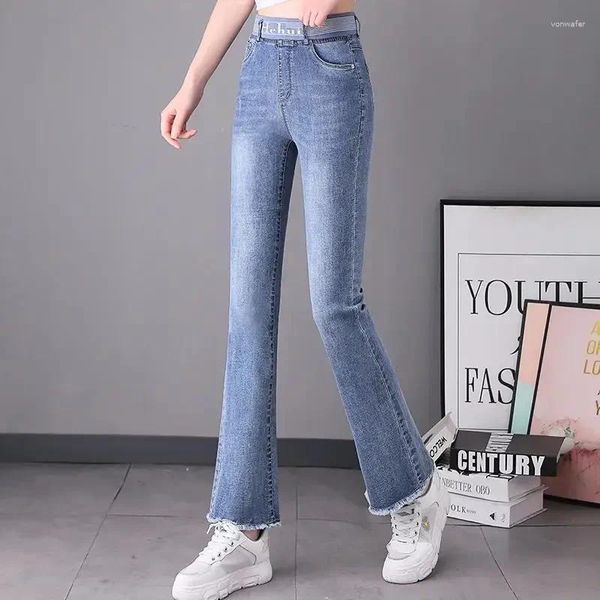 Jeans para mujer Moda coreana Mujer Cintura alta Primavera Verano Ropa Banda elástica Bolsillos Slim Denim Sólido Casual Flare Pantalones 2023 N49