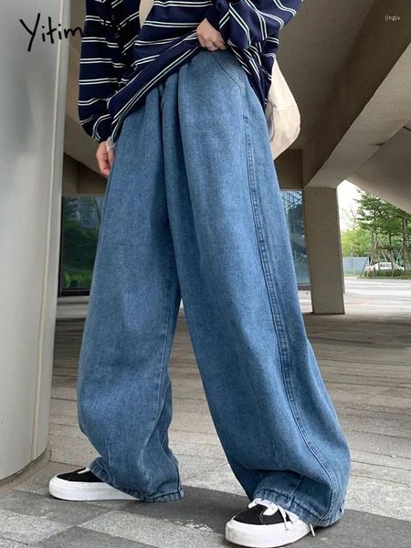 Jeans de femmes coréenne mode femmes 2024 vintage droit baggy petit ami pour surdimensionné élastique bande denim pantalon taille