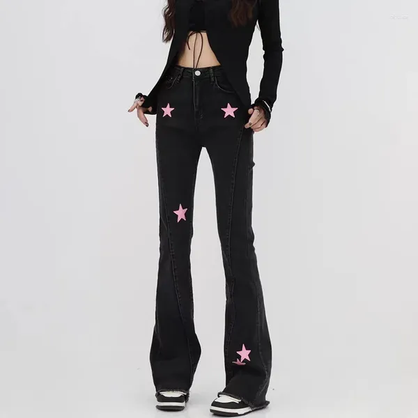 Jeans féminins coréens harajuku girl girl micro flare rose étoile pantalon slim fit noire denim vintage y2k pantalon droit