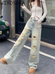 Jeans pour femmes Coréen High Street Broken Hole Denim Lâche Droite Pantalon large Femme Y2K Pantalon Vintage Hippop Esthétique Cowboy