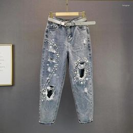 Jeans de femmes coréens trou les femmes printemps d'été lâche bf hauteur pantalon denim femme hétéro neuf points haren cowboy pantalon a428