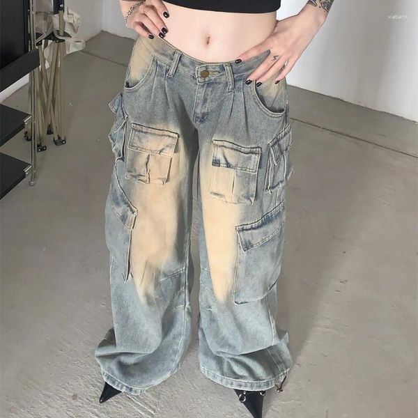 Jeans pour femmes coréen rétro en détresse lavé décontracté femmes 2023 automne taille haute multi-poches blanchi denim cargo pantalon