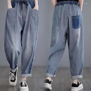 Jean coréen pour femmes, pantalon sarouel ample à rayures verticales, taille haute, cordon de serrage élastique, Baggy décontracté, printemps été