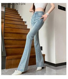 Jeans pour femmes Style coréen Broderie lourde Forage Bleu clair Femmes Printemps et été Mode Taille haute Slim Y2K Pantalon évasé