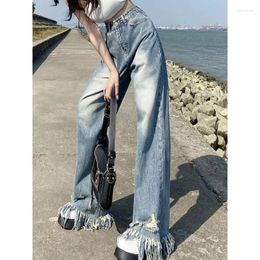 Jeans féminins coréens glands déchirés les jambes larges femmes surdimensionnées rétro y2k streetwear hip hop lavé pantalon consécutif décontracté