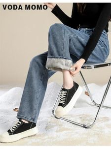 Jeans voor dames Koreaanse versie Hoge taille Wijde pijpen broek Jean Casual warme denim broek Winter Dames dik fluwelen fleece Volledige lengte 231208