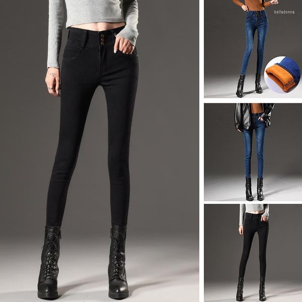 Jeans pour femmes Version coréenne de l'hiver élastique Plus velours taille haute chaud mince jambe extérieure pantalon crayon