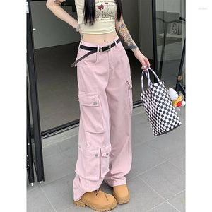 Pantalones vaqueros para mujer, versión coreana, moda rosa, pantalones Cargo con múltiples bolsillos para mujer, pantalones holgados para ir al trabajo, Y2k, cintura alta, pierna ancha