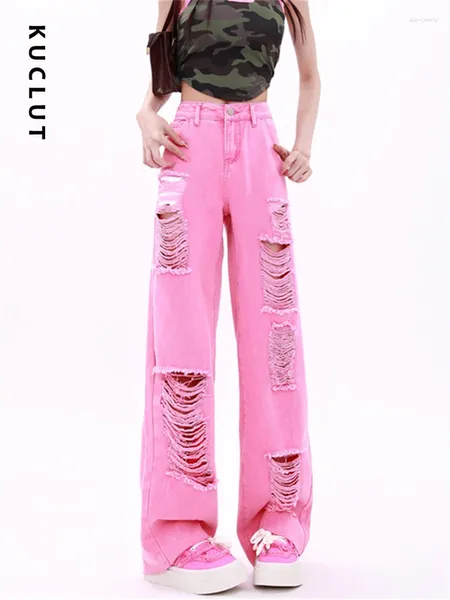 Jeans pour femmes Kuciut rose déchiré pour les femmes 2024 taille haute mode baggy pantalon en denim droit streetwear vintage pantalon décontracté