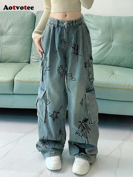 Jeans pour femmes kuclut cargo femme pantalon denim imprimé motif chic poche y2k high street large jambe coréenne
