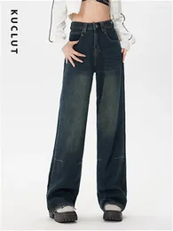 Jeans pour femmes Kuclut Vintage taille haute pour femmes 2024 mode pantalon droit décontracté lâche bleu fermeture éclair vers le bas jambe large longue