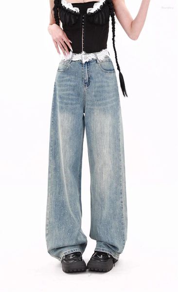 Diseño de encaje de jeans para mujeres Summer Summer Young Girl Street Bottoms rectas pantalones de pierna ancha