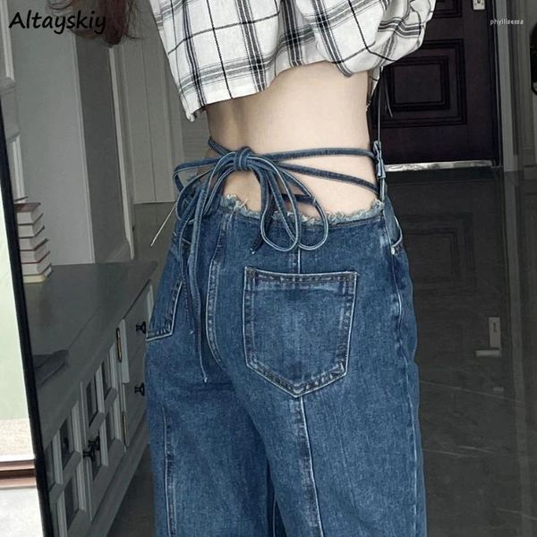 Jeans pour femmes à lacets taille haute pour femmes vintage élégant doux filles chic streetwear pantalon large jambe européenne américaine sexy