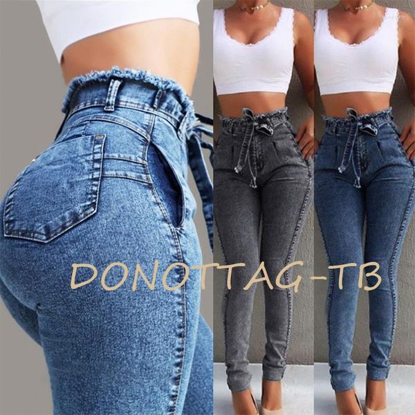 Jeans pour femmes à lacets déchiré bleu gris sexy pantalon skinny demin peut être porté toute l'année leggings amincissants et liftant les fesses