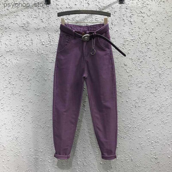 Jeans Femme Dames violet foncé jean nouveau printemps automne femmes sarouel tout-match taille haute broderie lettre coton élastique Denim pantalon Q230905