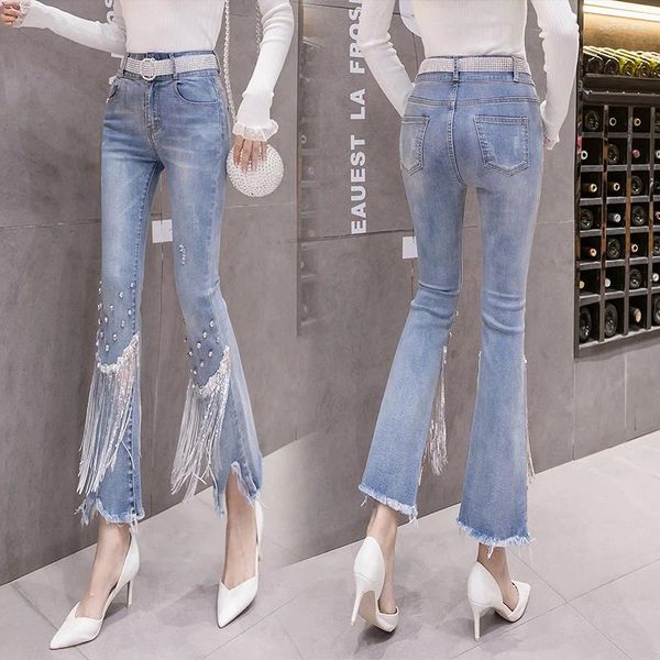 Jeans pour femmes Dames Mode Perles Glands Taille Haute Femmes Vêtements Filles Casual Streetwear Denim Pantalon Femme Lim-Fit Bell-bottoms