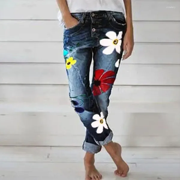 Jeans pour femmes Dames Mode Pantalon déchiré Fleurs Imprimer Skinny Femme Automne Slim Jean en détresse 2024 Pantalon de poche surdimensionné Feminina