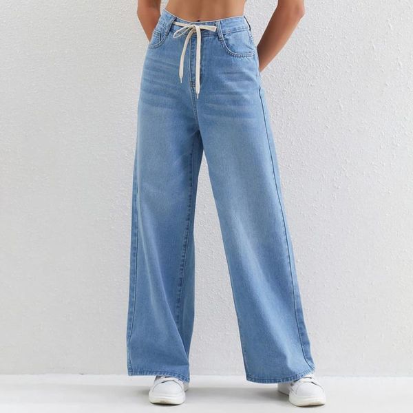 Pantalones vaqueros para mujer, pantalones vaqueros de cintura alta, pantalones de pierna ancha, cordón ajustable, elásticos, informales, azul claro, holgados