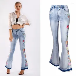 Pantalones vaqueros para mujer Damas de cintura alta Flare Bordado Azul Mujeres Streetwear Flaco Vintage Mujer Sexy Moda Denim Pantalones