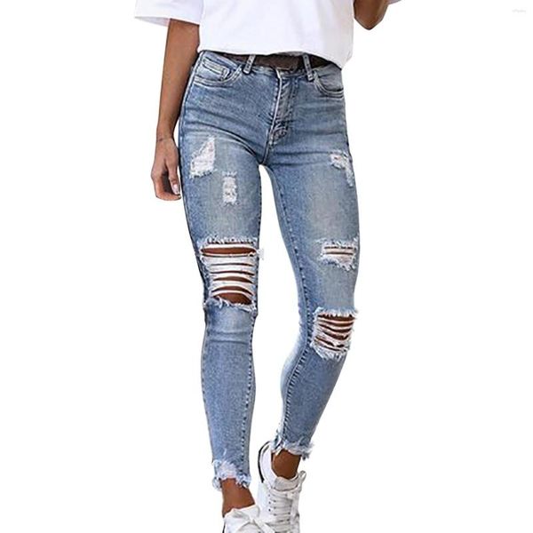 Jeans pour femmes dames poches vintage déchiré denim pantalon pantalon femme taille haute petits pieds pantalon crayon mince